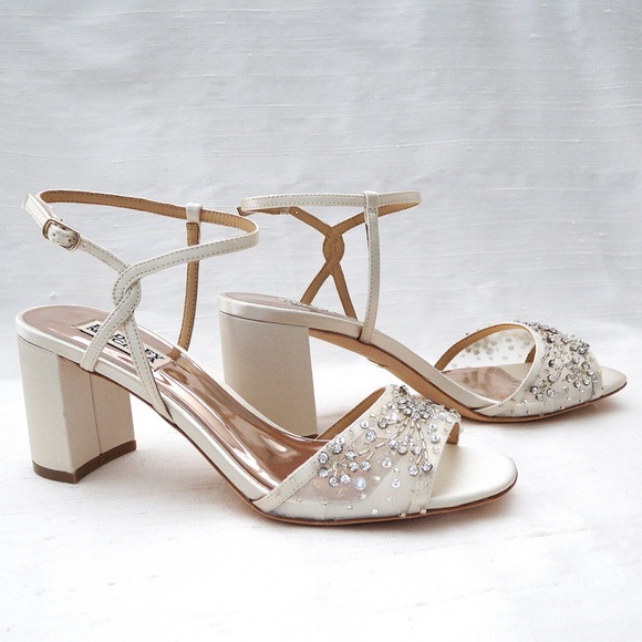 Badgley Mischka Blaine Ivory Satin Beaded Mesh Dress Sandals - Picture 2 of 13